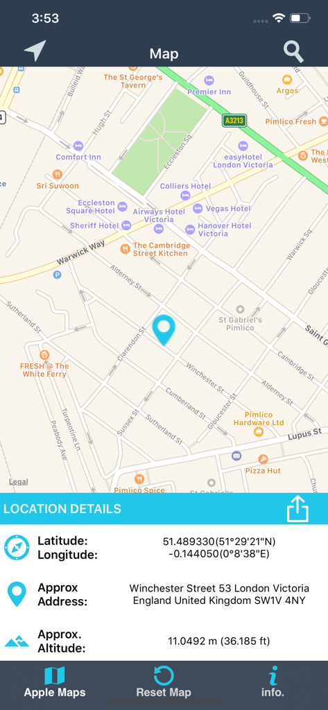 Find My Location details - Find My Location app interface displaying latitude longitude address and altitude