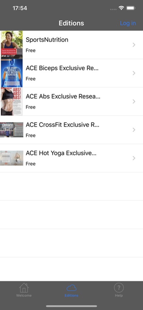 L'écran « Éditions » de l'application ACE Library affiche une liste de livres électroniques et d'articles de recherche disponibles sur le fitness.