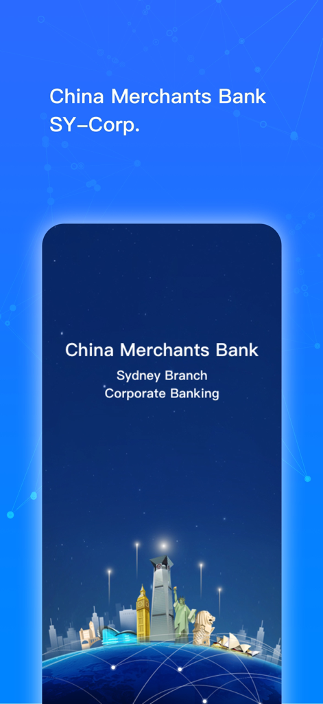 China Merchants Bank SY-Corp. - Tela inicial do aplicativo China Merchants Bank SY-Corp. com marcos de cidades globais