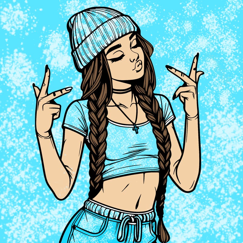 realistic teenage girl with braids and a beanie and crop top doing 🫶🏼