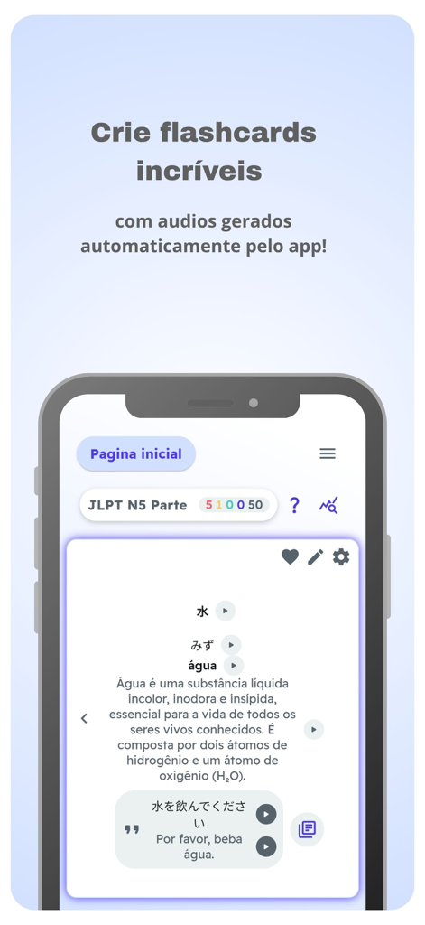 AI Flashcards - Uno schermo di smartphone che mostra l'app AI Flashcards con una scheda di studio della lingua giapponese e pulsanti audio automatizzati