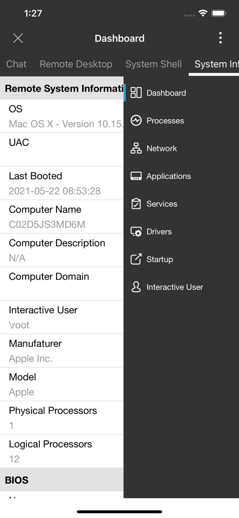 Dameware Remote Everywhere - Aplicativo móvel Dameware Remote Everywhere mostrando o painel de informações do sistema Mac e o menu de navegação