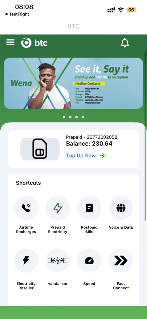 The BTC Mobile App dashboard showing prepaid balance and service shortcuts for recharges and bill payments