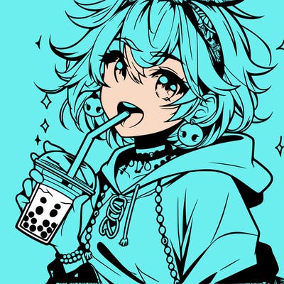 hot baddie anime girl drinking boba and biting the straw