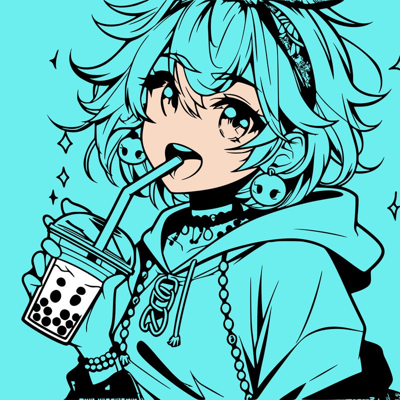 hot baddie anime girl drinking boba and biting the straw