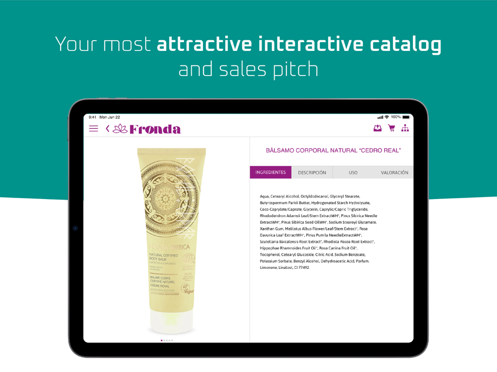 Aplicación Catalog Player en iPad mostrando un catálogo de productos digital interactivo y una propuesta de ventas
