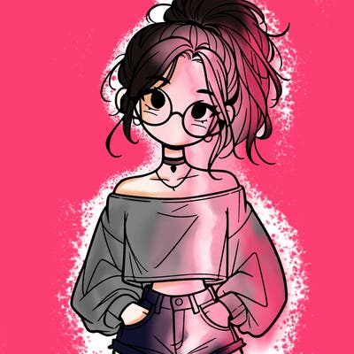 girl with a messy ponytail glasses a baggy crop top and jean shorts