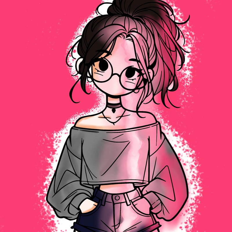 girl with a messy ponytail glasses a baggy crop top and jean shorts