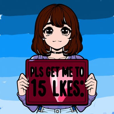 realistic girl holding up a sign that says “pls get me to 15 likes!”