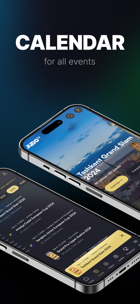 JudoTV app interface showing the calendar for international judo competition events