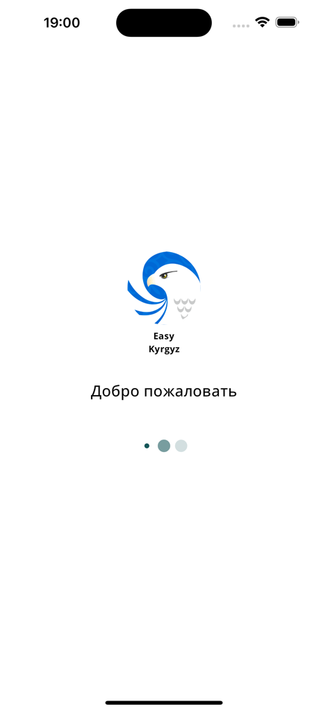 Easy kyrgyz - Easy Kyrgyz app onboarding welcome screen with an eagle logo and Russian text