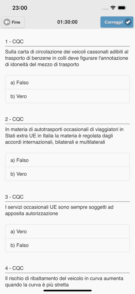 Quiz CQC Merci 2026 - Screenshot di una simulazione d'esame fittizia nell'app Quiz CQC Merci 2026 con domande di teoria di guida italiane