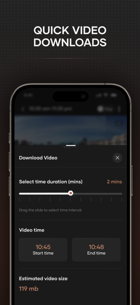 Qubo Pro - Interface de l'application mobile Qubo Pro montrant la fonction de téléchargement rapide de vidéos pour sélectionner et enregistrer des clips de dashcam par durée