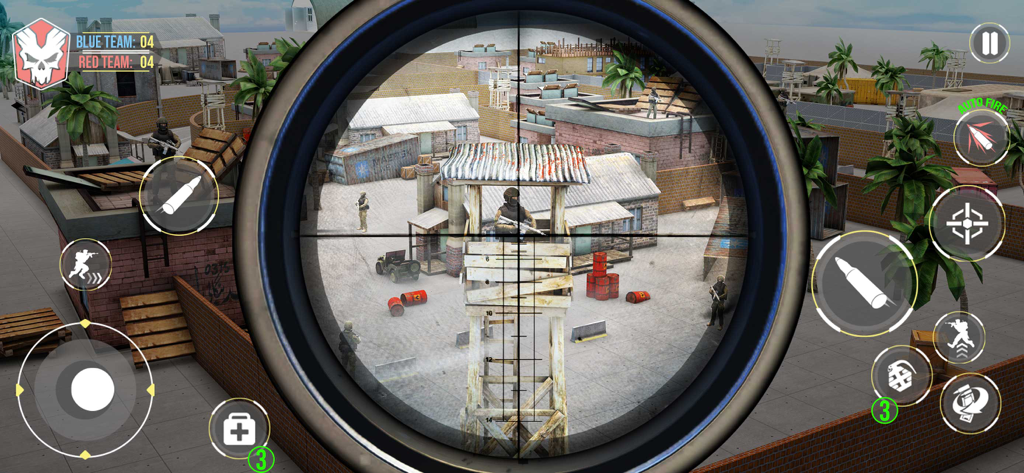 FPS Battle Royale: Gun Games - Sniper scope view targeting an enemy in a watchtower within the FPS Battle Royale game