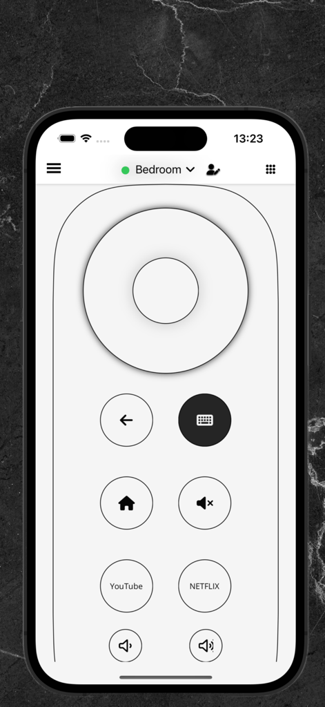 Remote For Chromecast GoogleTV - Interface do usuário do aplicativo Remote For Chromecast GoogleTV com design minimalista com controles de navegação e volume.