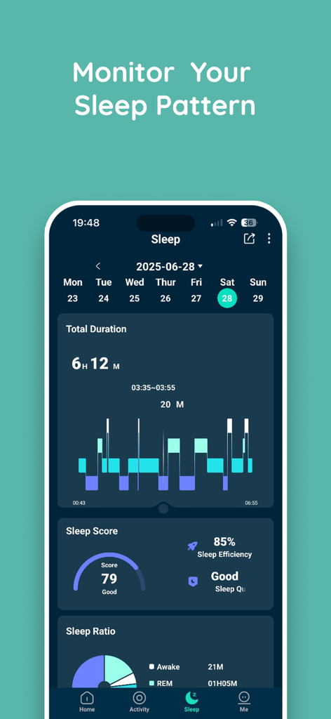 Pebble Halo - Pebble Halo app interface showing sleep duration and sleep quality score analysis