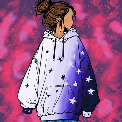 realistic girl with a oversized sweatshirt on and a bun