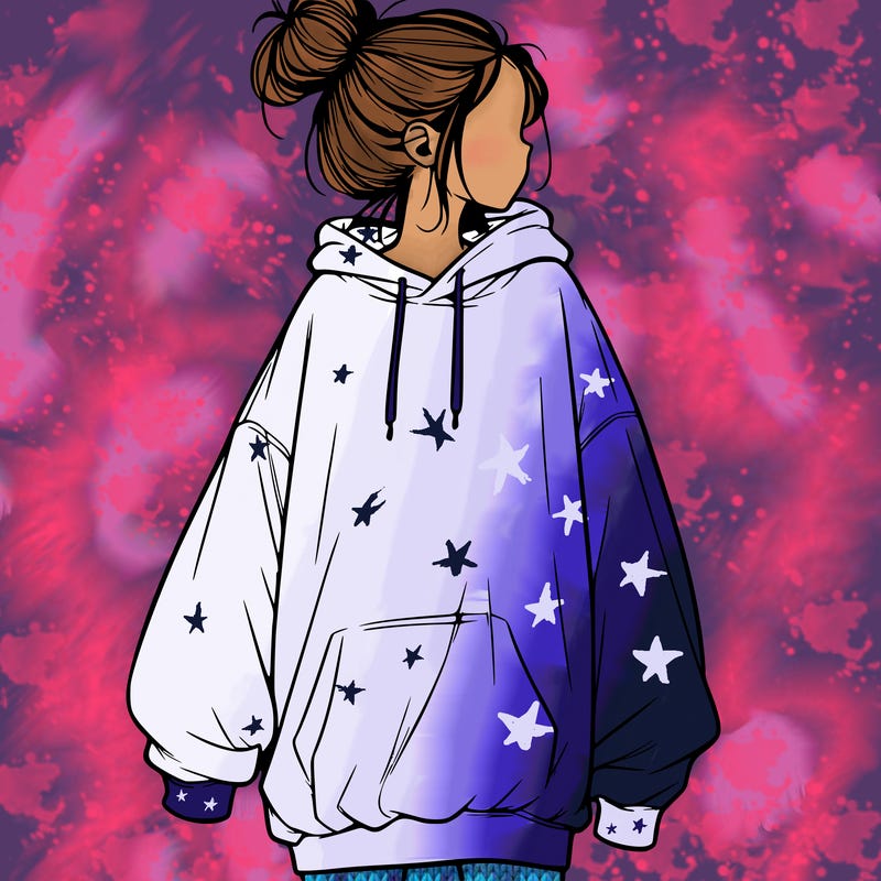 realistic girl with a oversized sweatshirt on and a bun