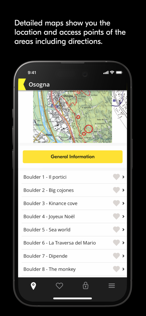 Bimano Boulder - Interface of the Bimano Boulder app showing a detailed topographic map of the Osogna climbing area and a list of specific boulders.
