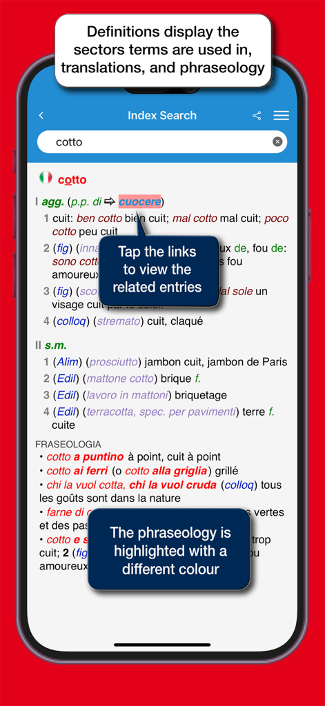il Sansoni Francese - Interface of the il Sansoni Francese app showing the detailed definition and phraseology for the Italian word cotto with clickable internal links.