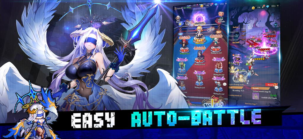 Pixel Saga: Squad RPG - Pixel Saga Squad RPG gameplay screenshot showing the easy auto battle feature and anime style angel character