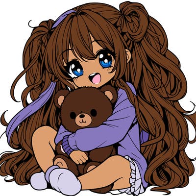 manga girl, long curly hair, happy, cuddling a teddy bear