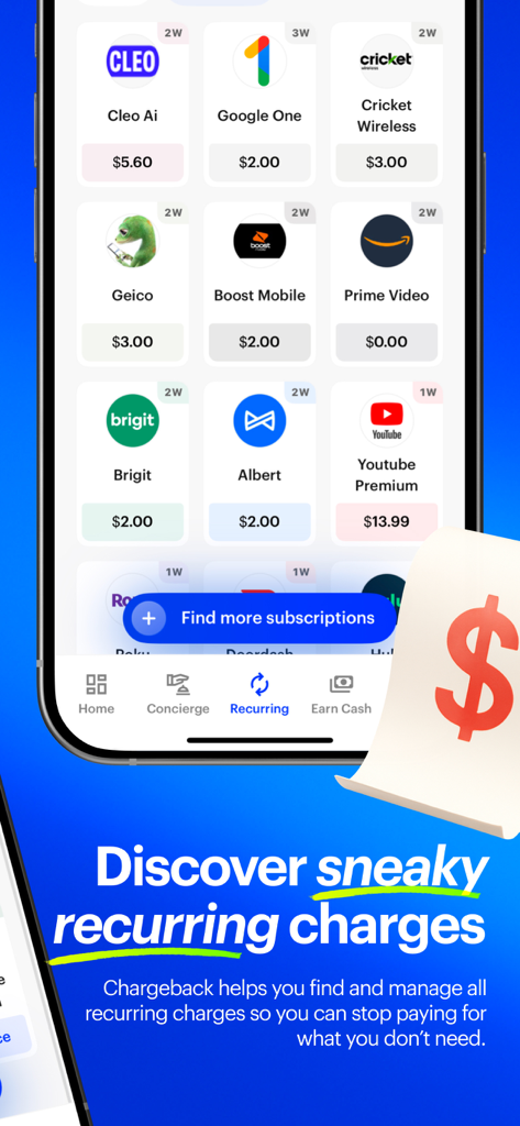 Interface of the Chargeback app showing a list of recurring subscriptions and their monthly prices.