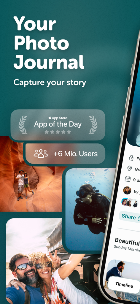 Una pantalla promocional de la aplicación de rastreo de viajes Journi que presenta fotos de viajes y distintivos de prueba social como App del Día y más de 6 millones de usuarios.