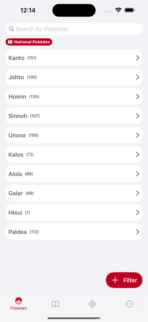 Pocket Gallery App - Pocket Galleryアプリの全国図鑑地域メニューに、カントー、ジョウト、パルデアのリストが表示されている