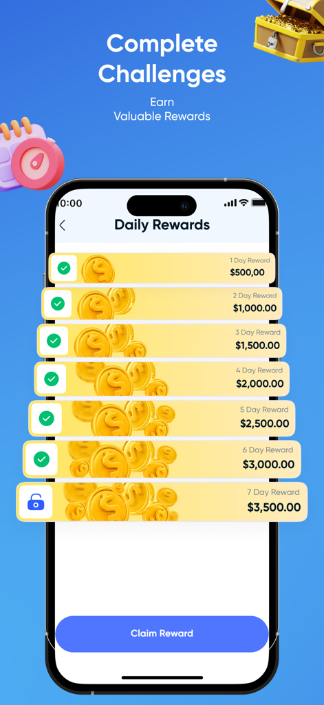 A mobile app interface for Gocrypto showing daily rewards and challenges for virtual currency