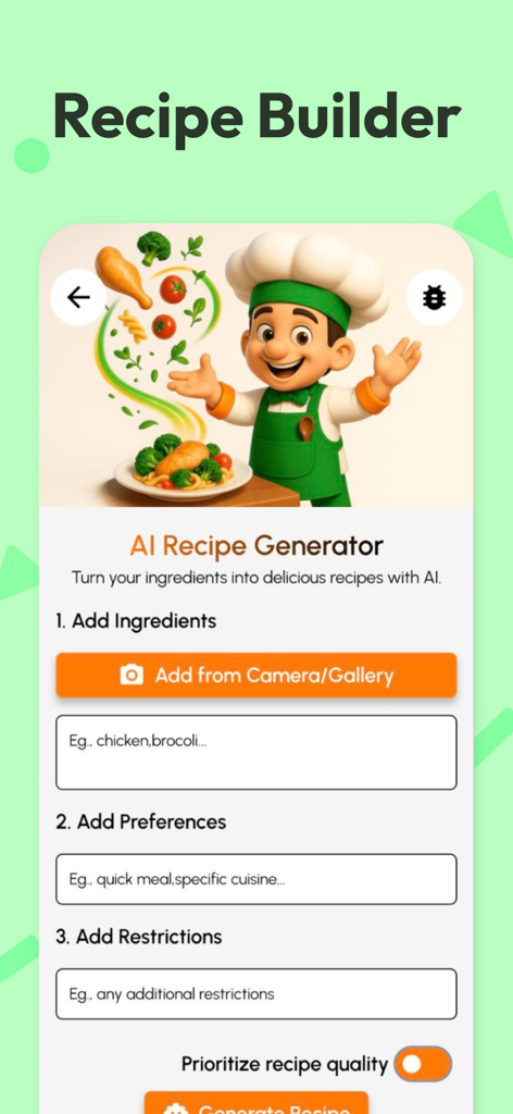 RecipifyAI AI Recipe Generator - RecipifyAI app screen showing the AI Recipe Generator with options to add ingredients and dietary preferences