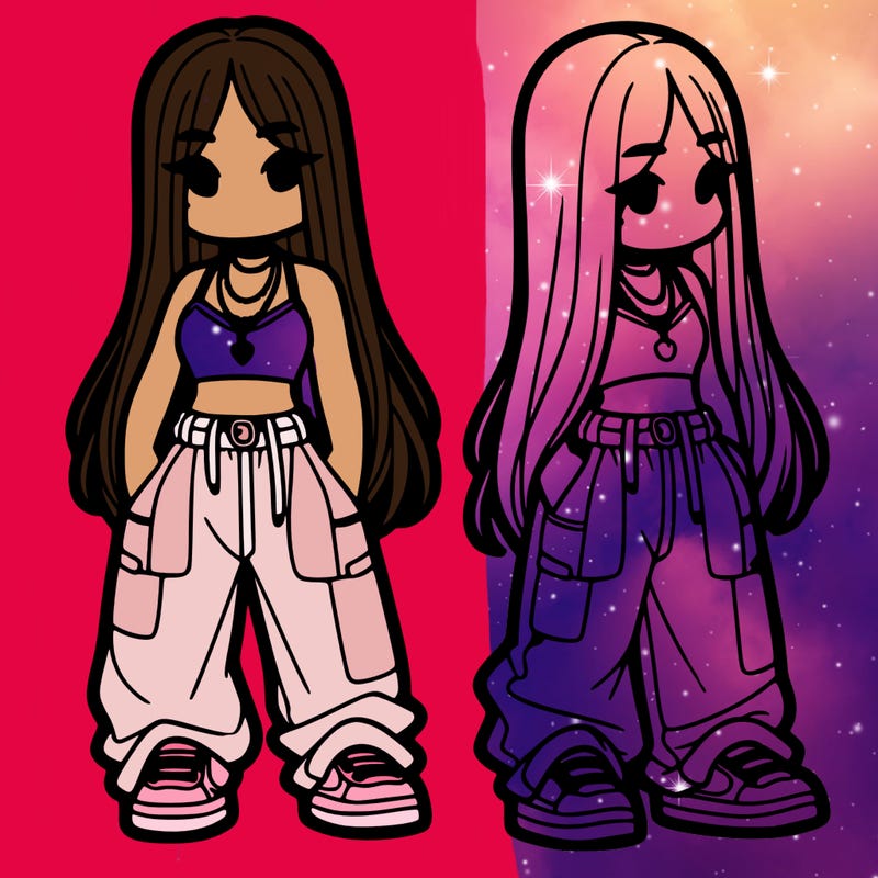 girl in baggy pants crop top and long hair