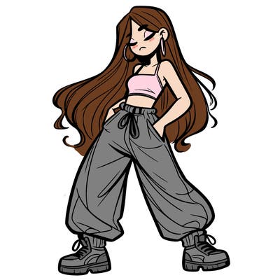 girl in baggy pants crop top and long hair