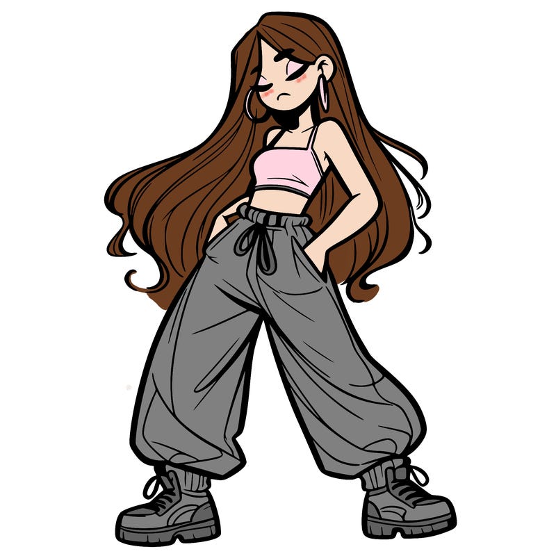 girl in baggy pants crop top and long hair