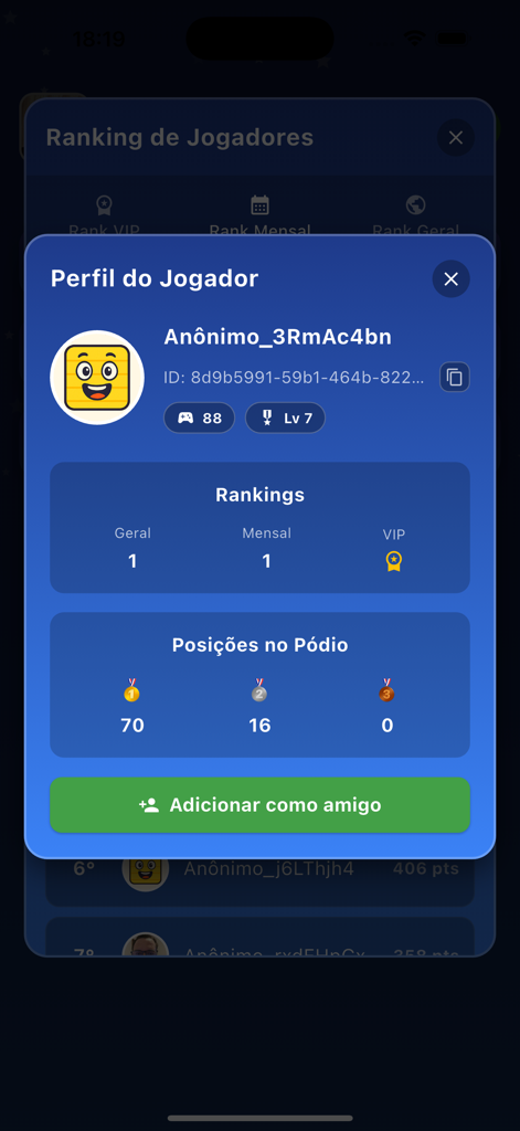 User profile screen showing player level rankings and podium results