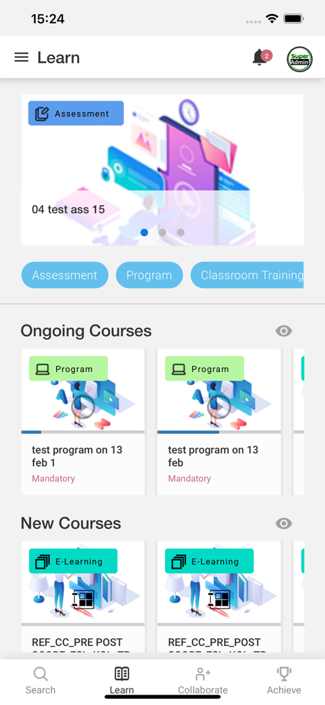 Learning Studio - Interface of the Learning Studio app showing professional development courses and assessment modules.