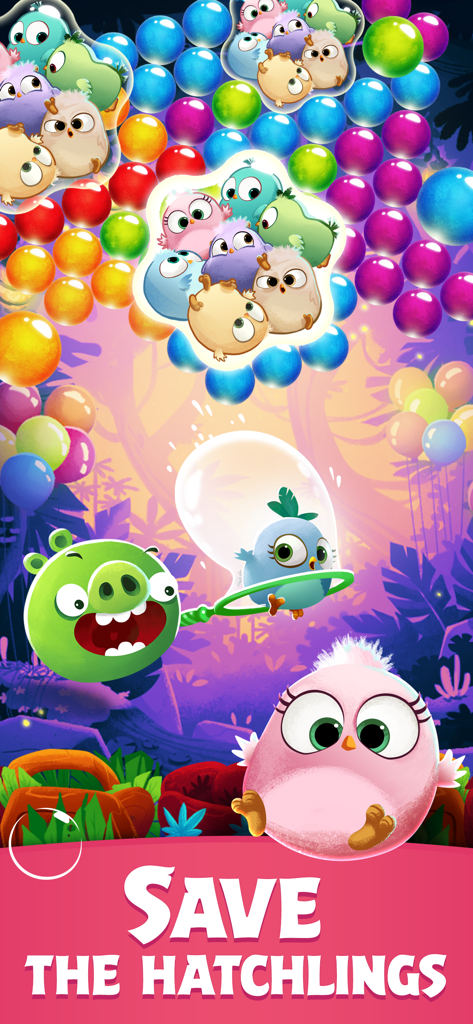 Angry Birds POP! - Angry Birds POP bubble shooter gameplay showing colorful bubbles and hatchlings with the text Save the Hatchlings