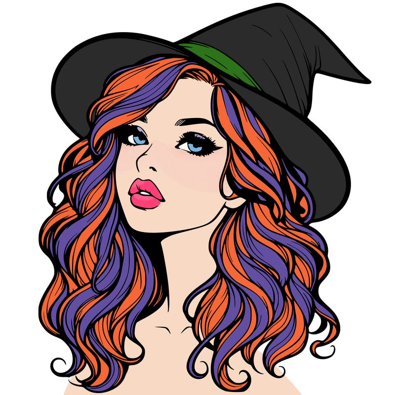 realistic witch girl with wavy hair and lips