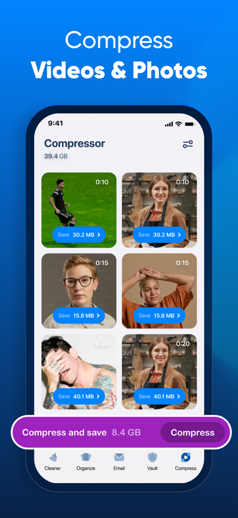 iCleaner・Clean up storage - iCleaner app interface for compressing videos and photos to reclaim storage space