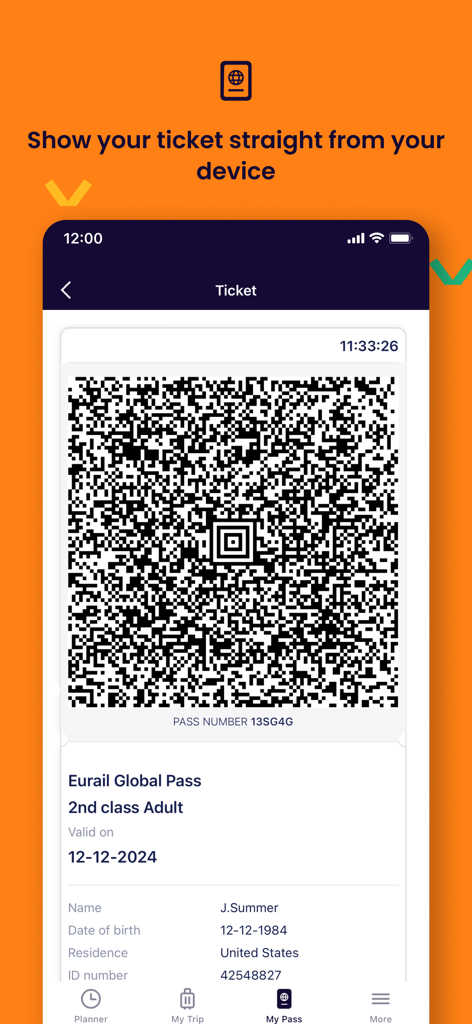 Digital Eurail Global Pass with a QR code and passenger details displayed on a smartphone screen.