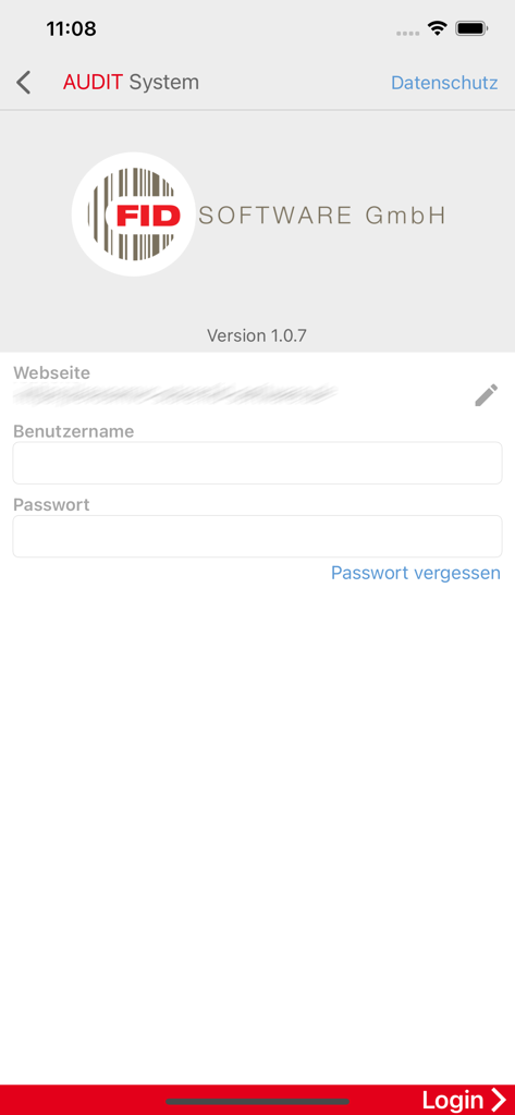Tela de login do aplicativo AUDIT System com campos para nome de usuário e senha do site.