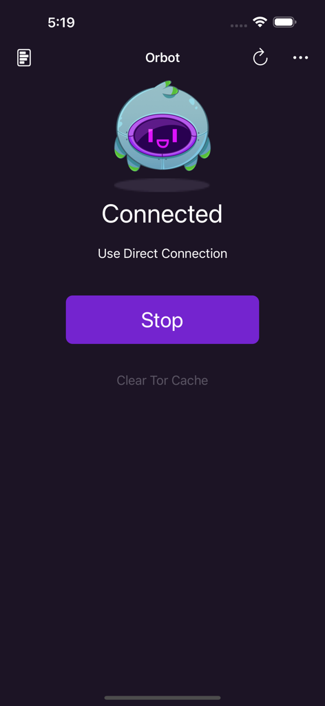 Orbot mobile app interface showing a successful connection to the Tor network with a stop button and robot mascot.