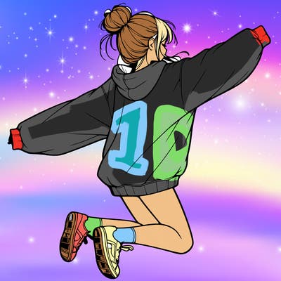 realistic girl jumping with a bun and oversized sweatshirt