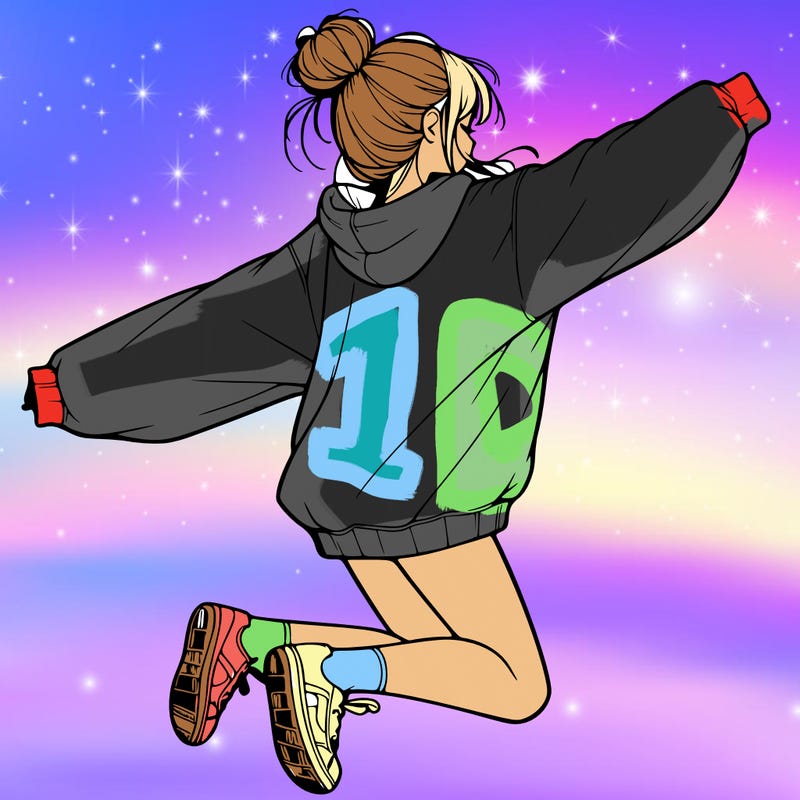 realistic girl jumping with a bun and oversized sweatshirt