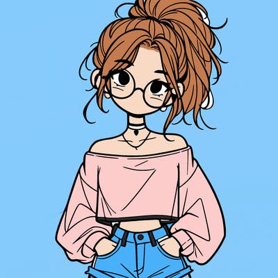 girl with a messy ponytail glasses a baggy crop top and jean shorts