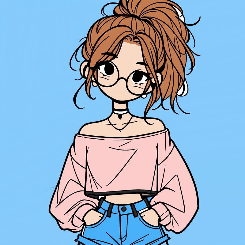 girl with a messy ponytail glasses a baggy crop top and jean shorts