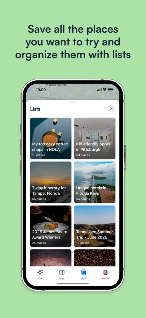 Overlook Maps - Interfaccia dell'app Overlook Maps che mostra liste personalizzate di viaggi e lifestyle con posti curati da visitare