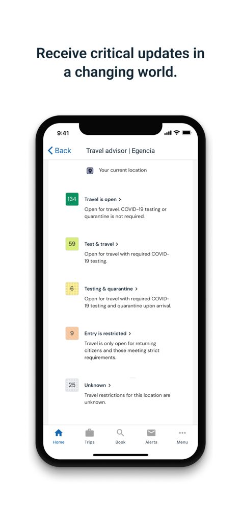 Egencia mobile app showing the Travel Advisor screen with real time updates on travel restrictions and safety alerts.
