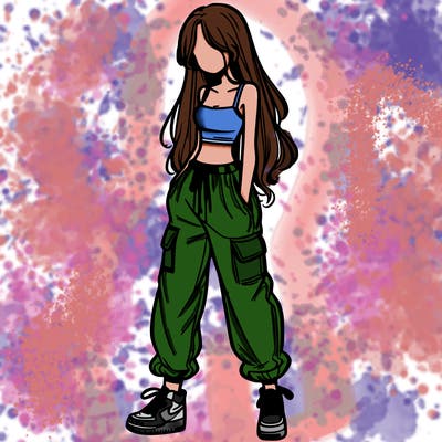 girl in baggy pants crop top and long hair