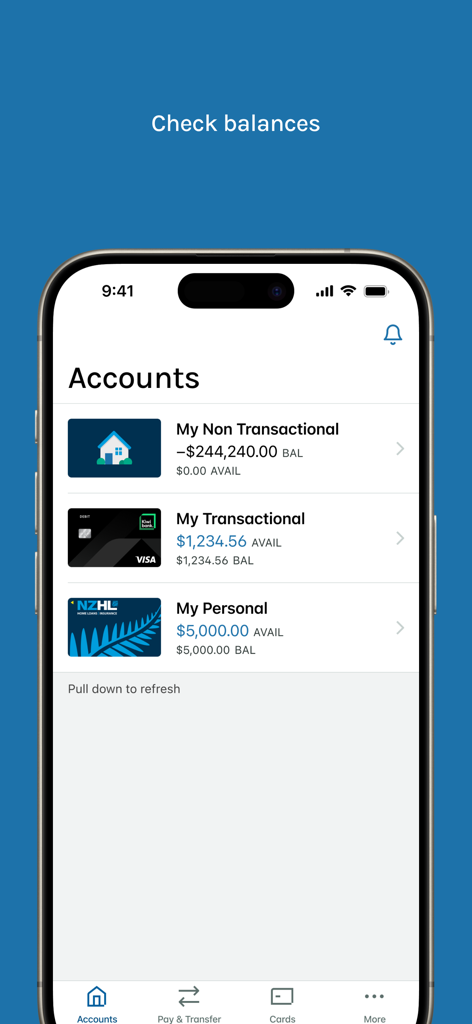 NZHL Mobile Banking - NZHL Mobile Banking app interface showing account balances for personal and home loans
